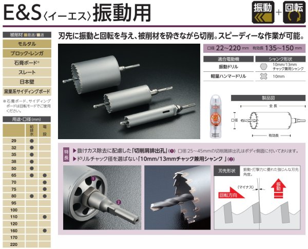 画像1: 単機能コアドリルE&S 振動用 V 22Φ〜220Φ用 ユニカ No.27414 26412 ☆-☆ (1)
