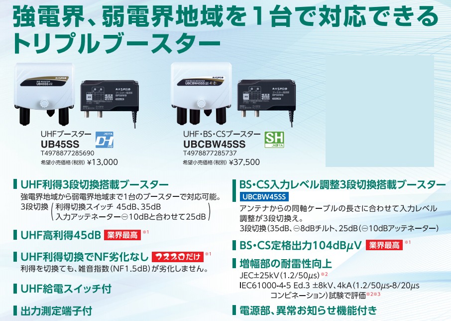3120円 正規品送料無料 マスプロ UHFトリプルブースター UB45SS
