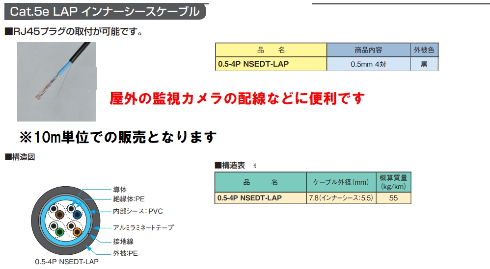 日本製線 屋外用Cat5eケーブル NSEDT-LAP 0.5mm×4P 100m